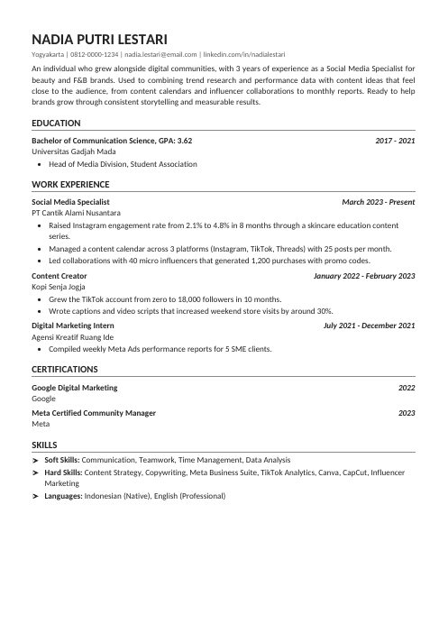 Pratinjau contoh CV ATS Bahasa Inggris