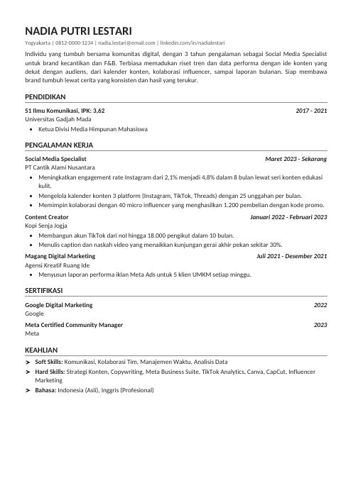 Pratinjau contoh CV ATS
